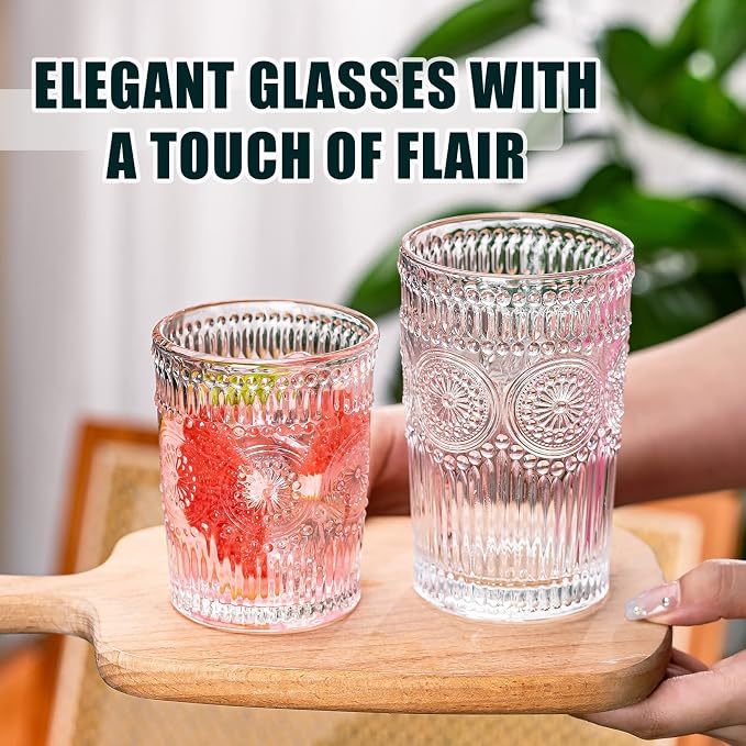 Vintage Drinking Glasses Set of 12, Textured Clear Striped Glass Cups-6 Highball Glasses 13oz & 6 Rocks Glasses 10oz, Ribbed Glassware Set, Mojito Cups, Cocktail Glass, Iced Coffee Cup - Image 7