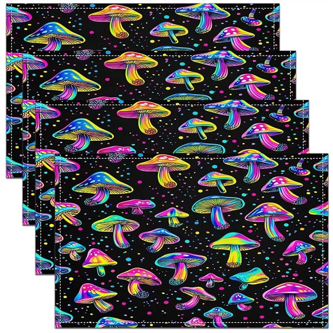 Feelyou Cute Mushroom Decor Table Place Mats 18"x12" Kawaii Fungus Placemats Set of 4 Colorful Mushroom Placemat for Kitchen Dining Table Decor Indoor Outdoor Botanical Theme Decor Table Place Mats by Feelyou
