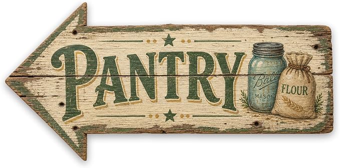 Pantry Left-Pointing Arrow Sign — Die-Cut Metal Directional Wall Decor | barnwood look, rustic, durable print, ready to hang by MRC+Wood+Products