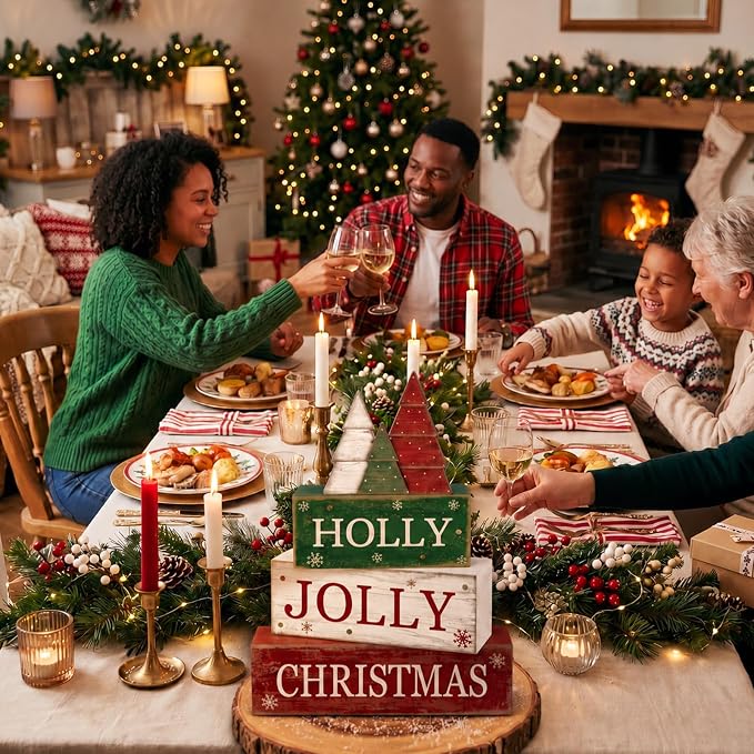 Moucuny 4 Pcs Christmas Table Decorations Rustic Christmas Tree Stacked Wooden Decor Holly Xmas Tree Block Signs Gift Red Green and White Winter Tiered Tray Decor Farmhouse for Home Xmas Party Kitchen - Image 6