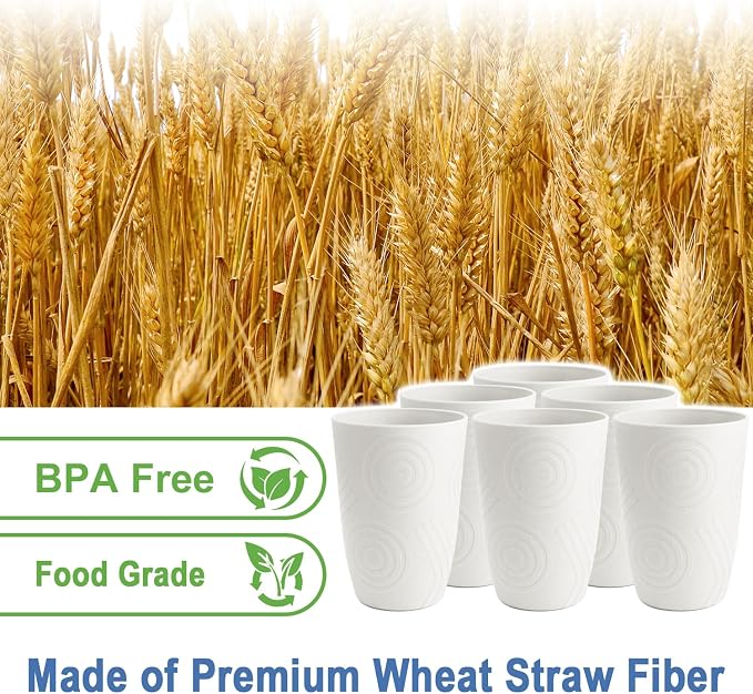 Wheat Straw Cups 16 OZ - Unbreakable Drinking Cup Set of 6, Plastic Cups Reusable, Lightweight Water Cup, Microwave & Dishwasher Safe Plastic Drinking Glasses for Kitchen, Bathroom - White - Image 3