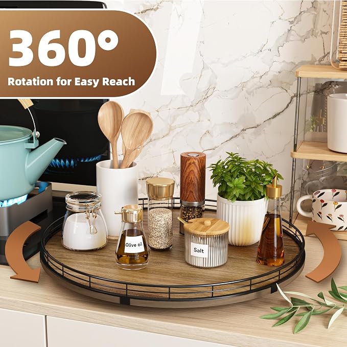 Acacia Wood 18" Lazy Susan Turntable Organizer for Table Top, Farmhouse Large Round Lazy Susan for Cabinet Kitchen Centerpieces Dining Table, for Condiments Charcuterie, Bathroom Vanity Tray Decor - Image 3
