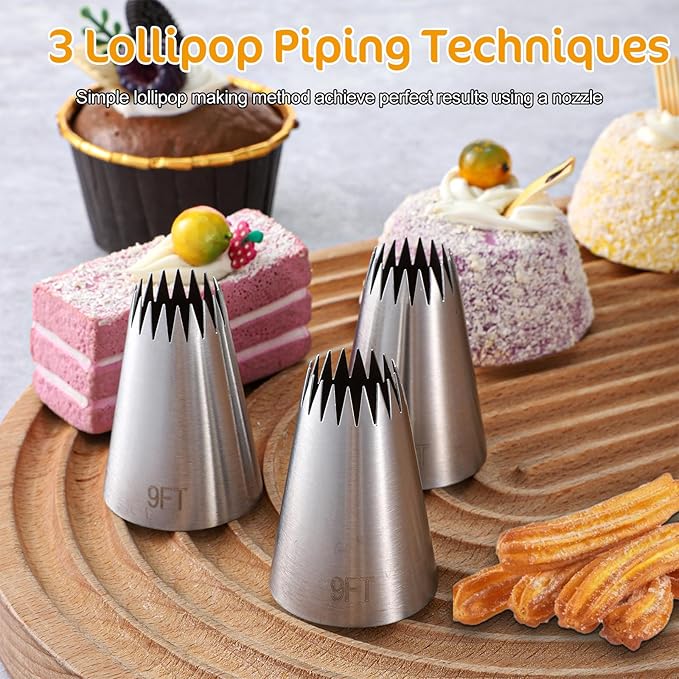 3Pcs Churro Piping Tip, Churro Bags and Tips Set, Stainless Steel 9FT Large Piping Tips, Open Star Pastry Tips for Cake Decorating with 20Pcs Disposable Piping Bags