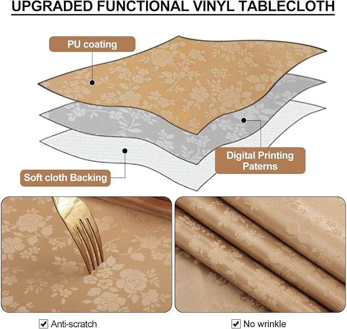Smiry Rectangle Waterproof Heavy Duty Vinyl Tablecloths, 70 x 120 Inch | Wipeable Washable Floral Embossed Table Cover for Kitchen and Dining Room, Indoor & Outdoor Use, Brown - Image 3