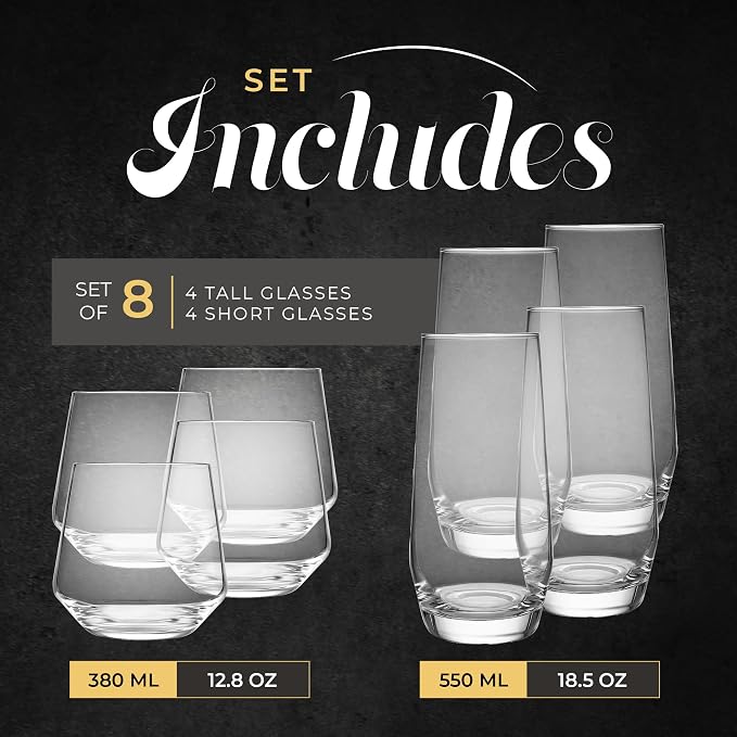 Kitchen Lux Drinking Glasses Set of 8 - Highball Tumbler & Rocks Drinkware | 4 Tall (18.5oz) & 4 Short (12.8oz) Glass Cups - Elegant Glassware Sets for Sparkling Cocktails, Wine, Beer, Whiskey - Image 4