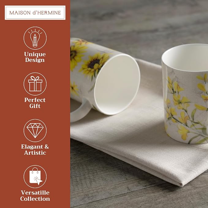 Maison d' Hermine Coffee Mug with Handles Tea Cups (12 Ounce, Pack of 2) | Fine Bone China Coffee Mugs for Hot Beverages Cappuccino Latte Home Restaurant Hotel Spring Summer -Candice - Image 2