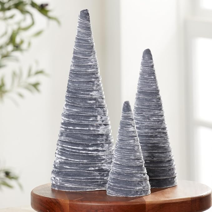 Your Heart's Content Silver Velvet Trees Set of 3, Elegant Bookshelf Accent, Modern Glam Wedding Decor, Valentine Mantel, Artisan Farmhouse, Tabletop Tree (Silver) - Image 2