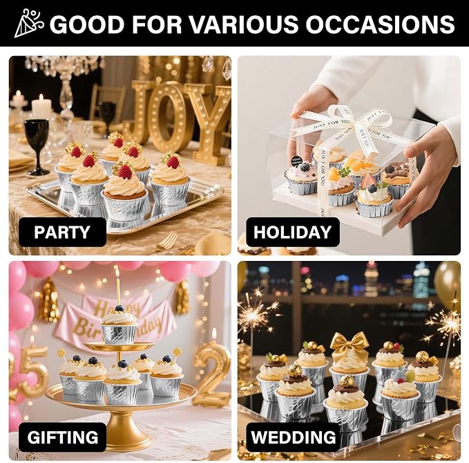 EUSOAR Aluminum Foil Silver Cupcake Liners, 50Pcs Disposable Muffin Liners, Baking Cups, Aluminum Cupcake Tip Pan Ramekin Holders, Little Pudding Cups - Image 6