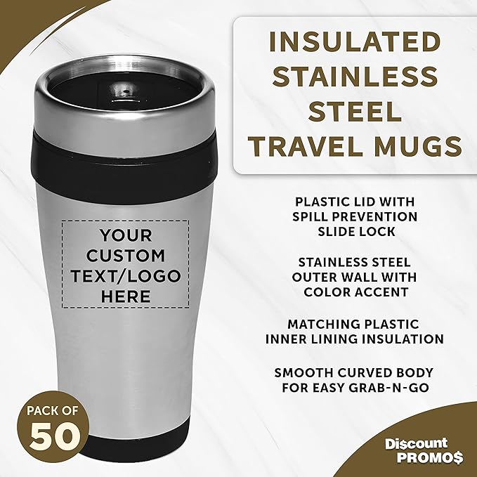 Custom Insulated Stainless Steel Travel Mugs 16 oz. Set of 50, Personalized Bulk Pack - Perfect for Coffee, Soda, Other Hot & Cold Beverages - Black