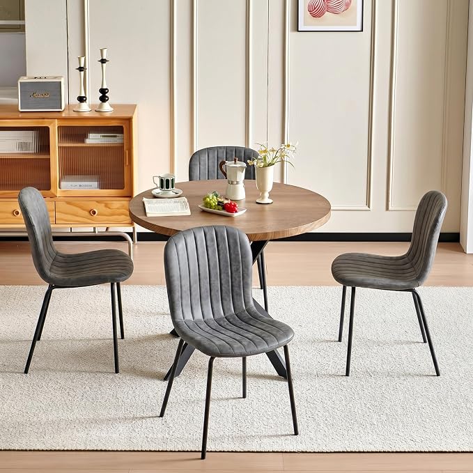37 Inch Round Dining Table Set for 4, Modern Small Circle Kitchen Coffee Set for Apartment Living Room Office, Save Space(1 Imitation Wood Table + 4 Grey PU Leather Chairs) - Image 3