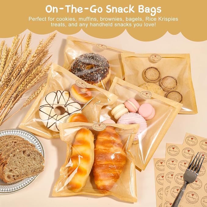 SUREHOME Paper Sandwich Bags 100 Pcs 7.1 X 7.5 In Kraft Brown Paper Bags with Window Individual Heat Seal Bakery Bag with Sticker Cookie Bag for Party Favors Snacks Treats Bread Baked Goods Packaging - Image 5