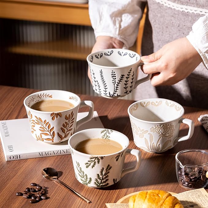 Coffee Mugs Set of 4 with Gold Spoon, 11 oz Porcelain Mug, Ceramic Tea Cups with Handle for Men Women, Hand-painted Mug, Birthday Housewarming Wedding Gift, Dishwasher Microwave Safe - Image 3