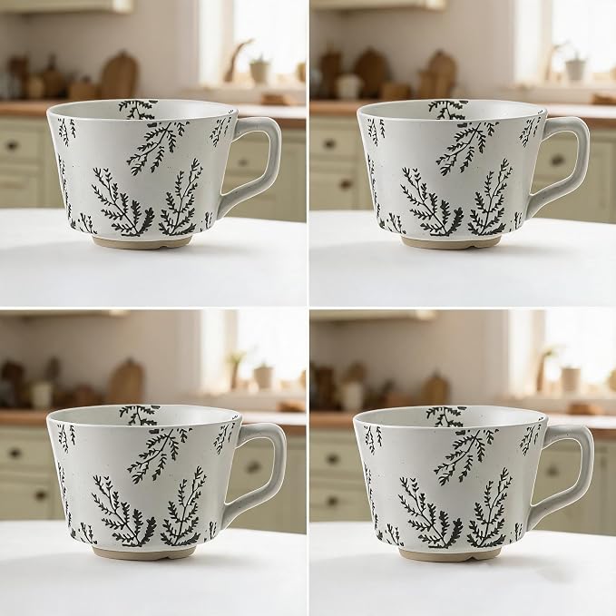 4 Pack Speckled Ceramic Coffee Mugs, 12oz Vintage Green Fern Leaf Large Tea Cups, Rustic Handmade Style Drinking Mugs for Coffee Tea Cocoa Milk, Dishwasher Microwave Safe, Housewarming Gift Set - Image 8