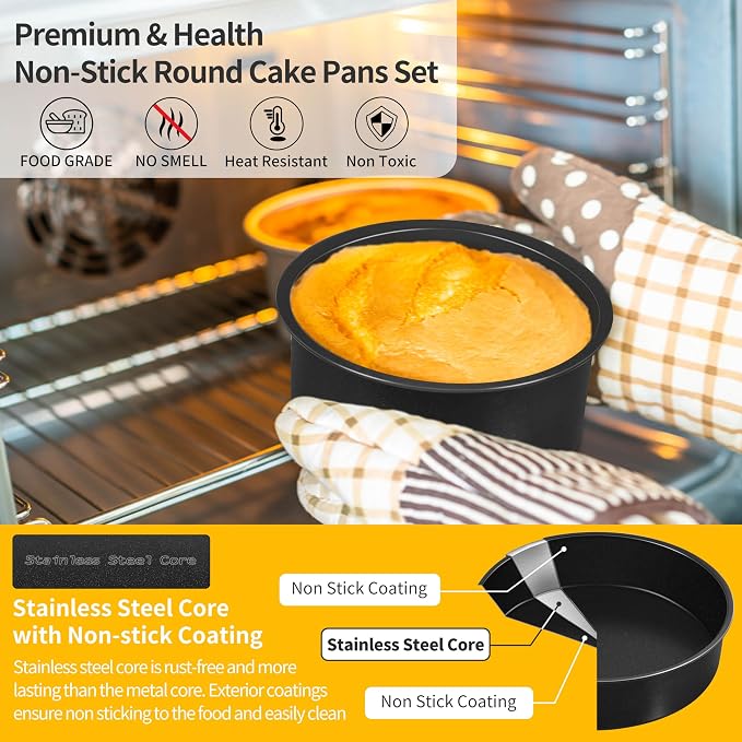 P&P CHEF 4 Inch Cake Pan Set, Non-stick Baking Pans for Cake, 4Pcs | Round Cake Baking Tins for Tier Smash Cakes, Bread, Non-Toxic & Solid, Stainless Steel Core & Leak-Proof, Black - Image 4