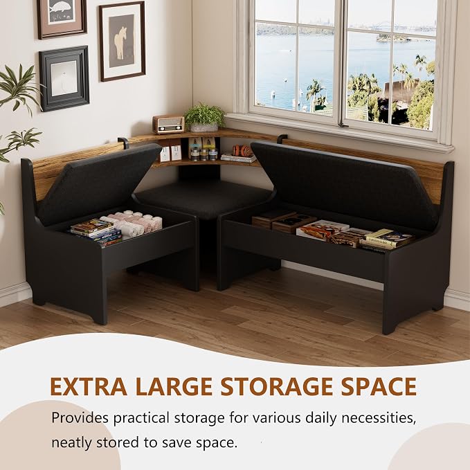 PAKASEPT Corner Breakfast Nook Table Set with Cushion, L-Shape Kitchen Dining Table with Bench, Farmhouse Wood Breakfast Nook Bench with Hidden Storage,Black - Image 3