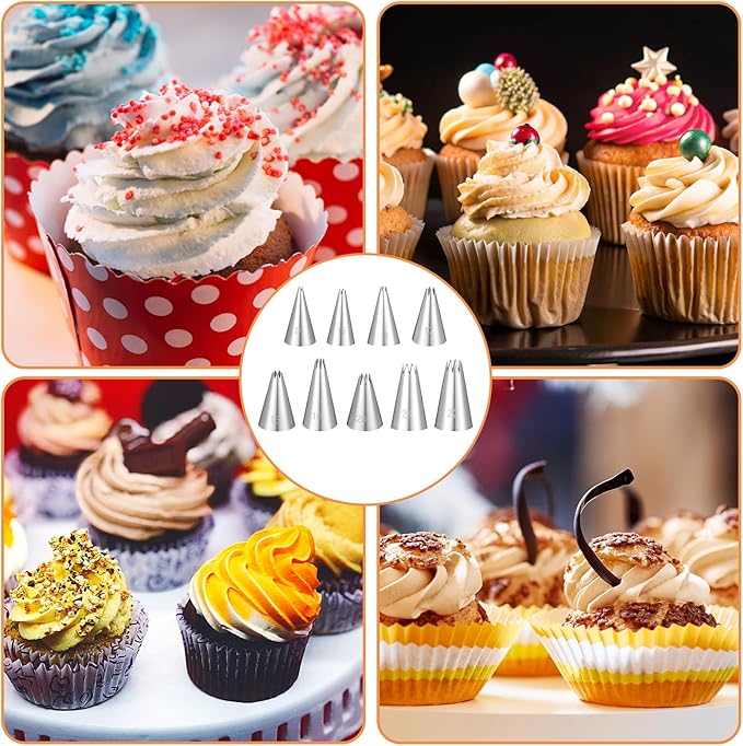 9Pcs Open Star Piping Tips Set, French Star Tube Set Frosting Nozzle Kit,Stainless Steel Star Pastry Tips for Cupcakes Cakes Cookies Decorating (Small Size)