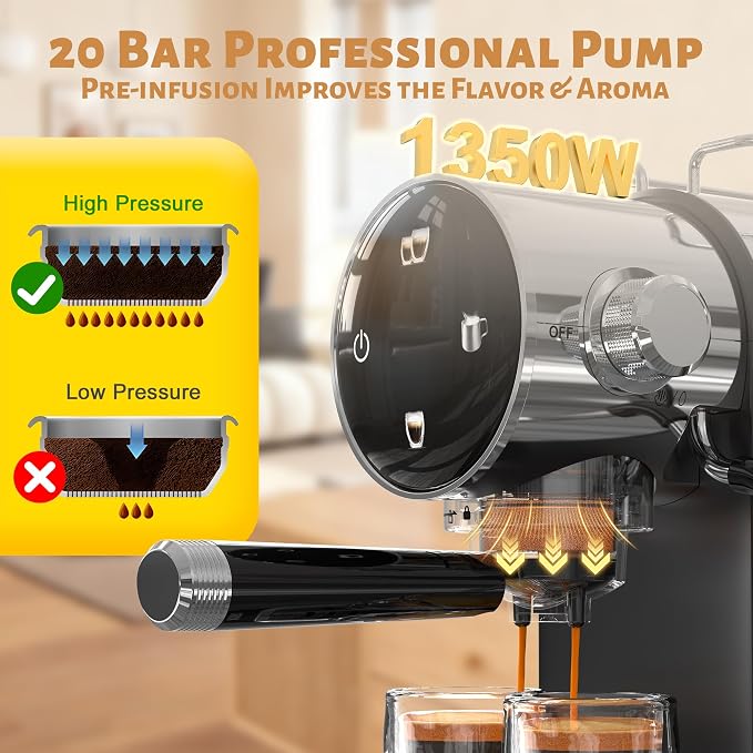 AYCHIRO 20 Bar Semi-Automatic Espresso Machine, Touch Panel Espresso Maker with Milk Frother Steam Wand, Cappuccino Latte Coffee Machine, Removable Water Tank for Home Barista,Matte Black - Image 2