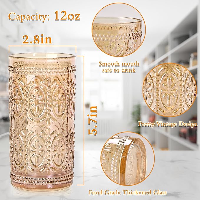 Darlion Amber Drinking Glasses, Vintage Glassware, 12oz Highball Glasses | Lead-Free Glass, Food Grade Glass, Durable&Sturdy, Vintage Decoration - Image 2
