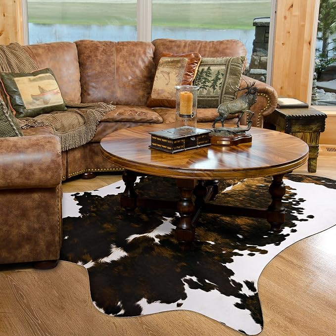 Amearea Faux Cow Hide Rug 5.2x4.6, Premium Western Home Decor Cow Print Rug | Faux Leather Animal Cowhide Carpet for Living Room Bedroom, Dining Traditional Cow Print Stuff Carpets, Brown - Image 3