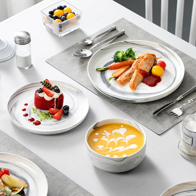 MALACASA 12 Pcs Porcelain Plates and Bowls Sets,Dinnerware Set for 4,Grey | Modern Ceramic Dishware Set,Kitchen Dining Ware,Microwave and Dishwasher Safe,Unique Marble Grey Design,Series LUNA - Image 5