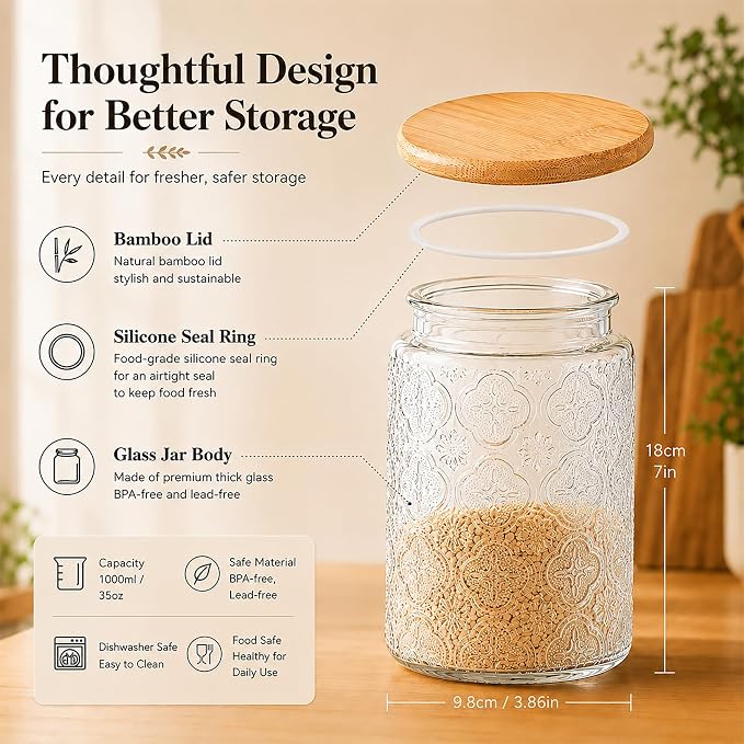 Glass Storage Jars With Airtight Lid, 35oz Canister For Kitchen Counter with Bamboo Lid, brown sugar, candy, coffee, cookie, salt, tea,pantry cute Jar (35oz Large Begonia Flowers) - Image 3