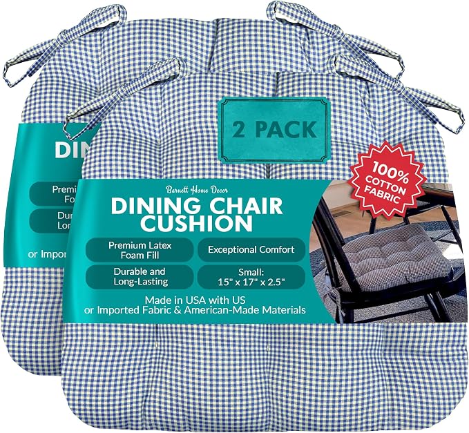 Barnett Home Decor Dining Chair Cushions with Ties – Size Small 15 x 17 - Latex Foam Fill, 100% Cotton, Machine Washable Chair Pads for Kitchen Chairs, Made in USA (Madrid Navy Blue/Pack of 2) by BarnettHomeDecor