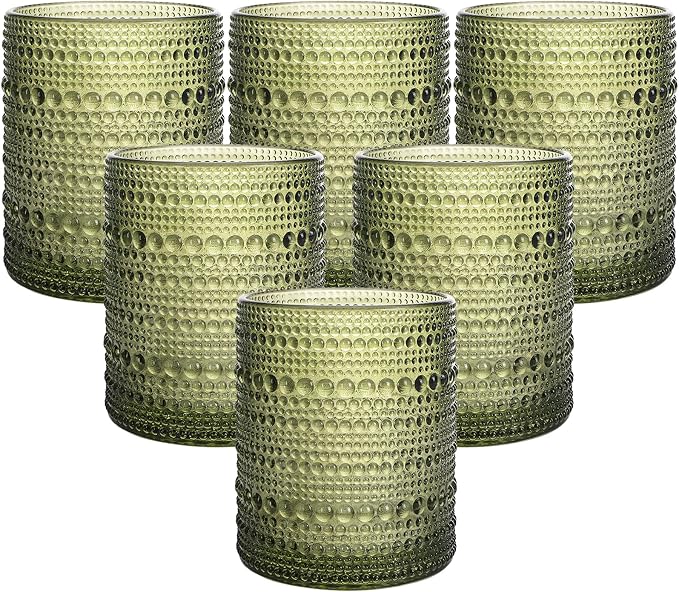 Moretoes 10oz Green Hobnail Drinking Glasses Set of 6 Cocktail Glasses | Vintage Old Fashion Glassware, Textured Glass Cups Bubble Glasses Water Glasses Jupiter Glasses Set by Moretoes