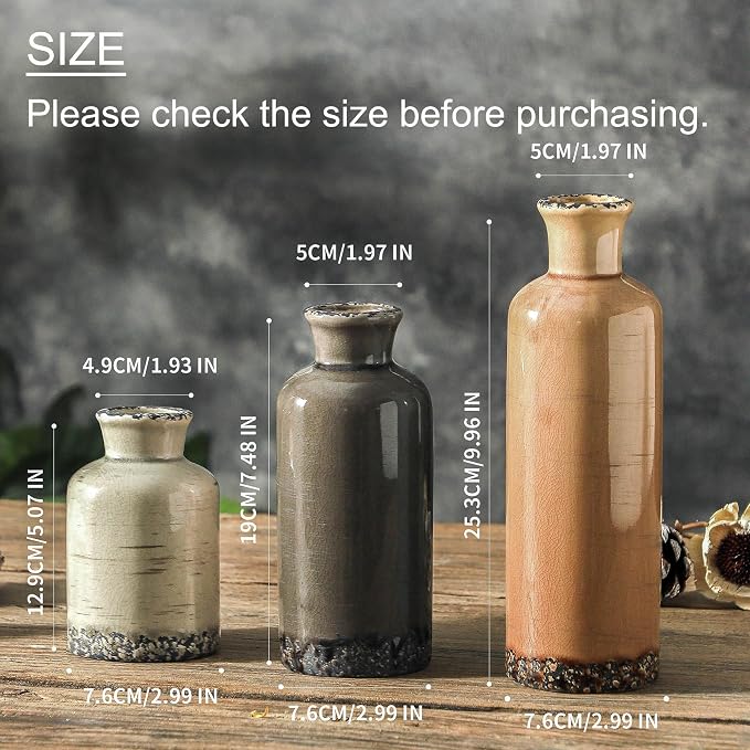 Ceramic Vase Set of 3, Neutral Flower Vases Home Decor, Pottery Rustic Farmhouse Decorative Vases Modern Decor for Table Mantel Entryway Bookshelf Living Room Kitchen Bedroom - Brown - Image 2