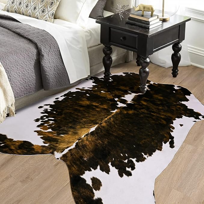 Amearea Faux Cow Hide Rug 6.2x5.2, Premium Western Home Decor Cow Print Rug | Large Faux Leather Animal Cowhide Carpet for Living Room Bedroom, Dining Traditional Cow Print Stuff Carpets, Brown by AmeareaDirect