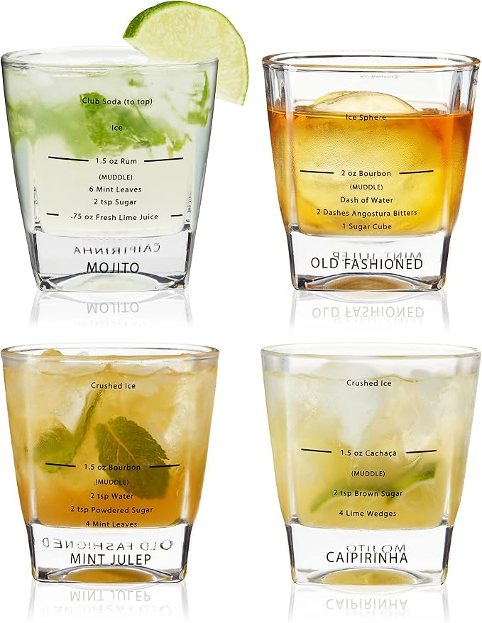 True Cocktail Rocks Glasses with Recipes for Old Fashioned, Mojito, Mint Julep & Caipirinha, Old Fashioned Glasses, Bar Glassware, 8.5 oz, Set of 4 by True
