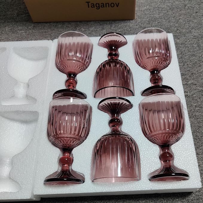 Taganov Purple Glasses Drinking set of 6 Colored Wine Water Stemware Pink Goblets Glassware 11 oz for Wedding Party Bar Vertical Embossed Pattern Stemmed Cups 330 ml - Image 2