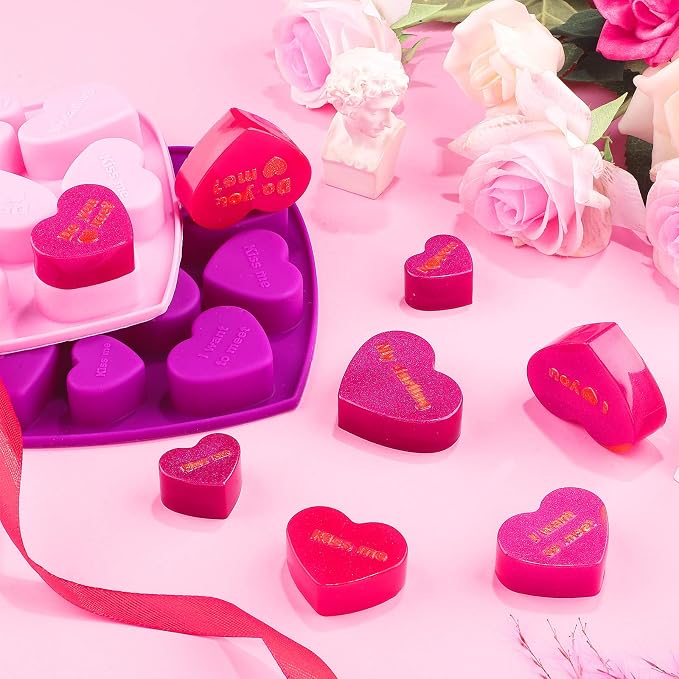 Patelai 4 Pieces Conversation Heart Molds Mixed Size 40 Holes Valentine's Day Heart Shaped Silicone Molds Non Stick for Chocolate Fondant Jelly Pudding Dessert Baking Candy(Pink, Purple) - Image 4