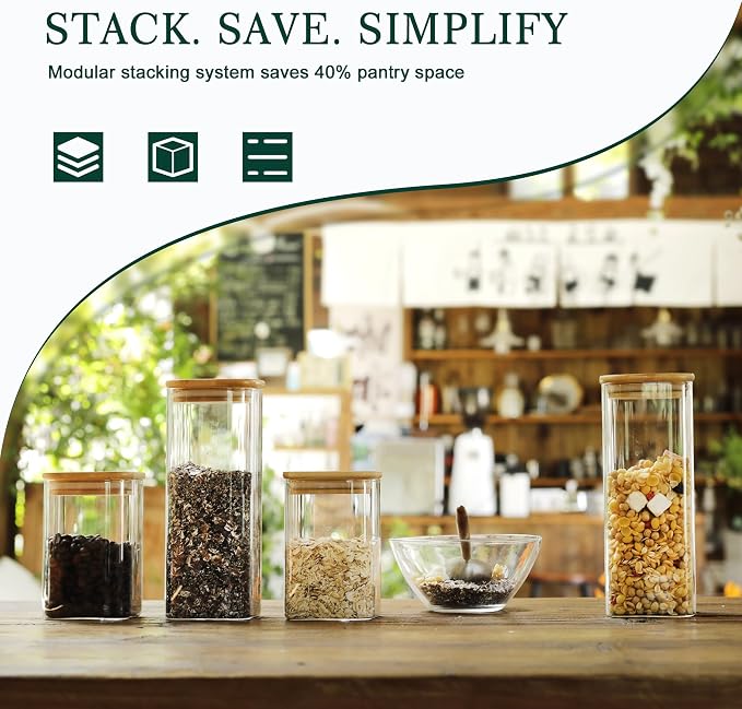 LIBWYS 12-Pack Square Glass Storage Jars with Bamboo Lids (0.6Qt/1.06Qt) - Stackable Food Containers for Pantry Organization, Coffee, Flour, Snacks, Tea | Kitchen Canisters Set | Stackable Dry Food Containers for Pantry Organization, Coffee, Flour, Sna... - Image 4