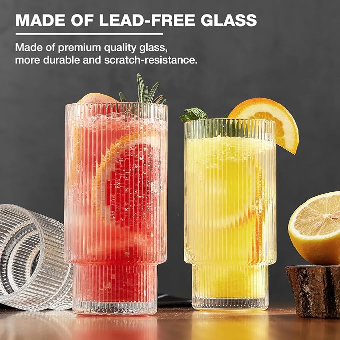 Qipecedm® 6 Pack Ribbed Drinking Glasses, 16 oz Vintage Glass Cups, Highball Glasses, Premium Iced Coffee Glasses, Clear Glass Tumbler, Cocktail Glasses, Elegant Glassware for Water Juice Whiskey Beer - Image 5
