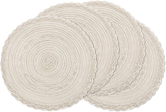 SHACOS Round Placemats Set of 4 Boho Braided Border Table Place Mats for Dining Table Wedding Holiday Party (Ivory Bordered, 4) by SHACOS