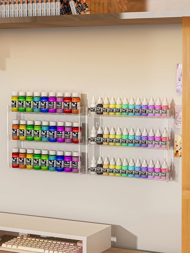 2Pack 3 Tier Display Rack, Clear Paint Rack Wall-Mount (No Drill), Acrylic Craft Paint Storage Organizer, Miniature Holder for 2oz Bottle, Nail Polish Organizer, Badges, Mini Figures (2)