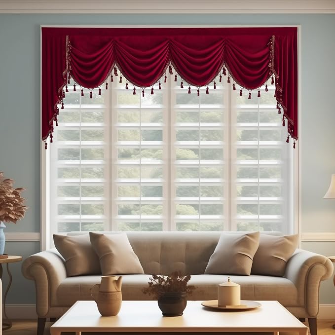 Christmas Red Valance Curtains 110 inches Width, 1 Panel | Heavy Thick Light Blocking Window Drapes, Rod Pocket Waterfall Tassel Swag for Theater, Living Room by StangH