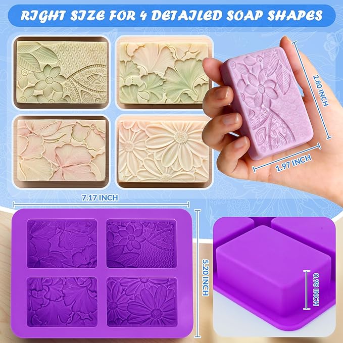 HKNMTT Silicone Square Rectangle Bar Molds 3D Leaf Flower Pattern, 8 Cavities for Soap Making Shower Steamer Homemade Bath Lotion Shampoo Bar DIY Set Non-stick Craft Food Grade 2 Pack - Image 3