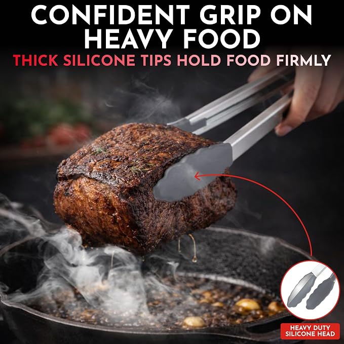 Kitchen Tongs - 12, 9 & 7 Inch Locking Silicone Tongs for Cooking, Set of 3 | Grey Tongs with Silicone Tips, Heat Resistant Tongs for Grilling, Serving, Mixing - Image 3