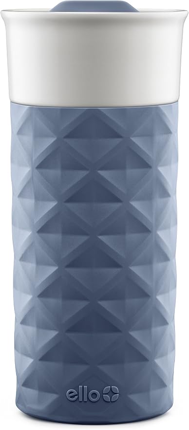 Ello Ogden BPA-Free Ceramic Travel Mug with Lid, Evening Blue, 16 oz | Splash-resistant ceramic travel mug with slider lid and protective silicone sleeve. BPA-free, great for coffee and tea. by Ello
