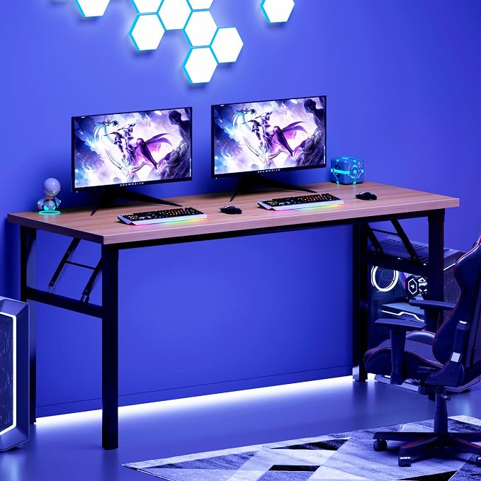 DlandHome 62 Inch Large Folding Computer Desk, Fully Assembled, Teak Black | Foldable Writing Table for Bedroom Dorm, Conference Table for Home Office, Wood Top Metal Frame, Collapsible Easy Storage - Image 7