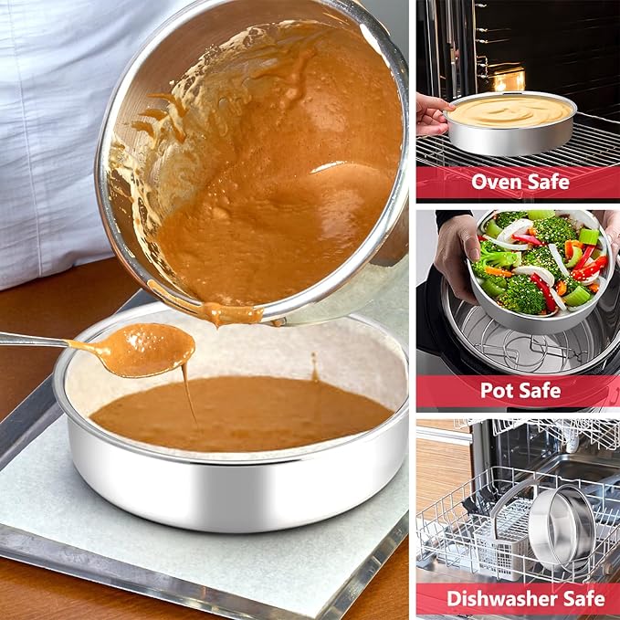 P&P CHEF 8 Inch Cake Pan Set of 2, Stainless Steel Round Baking Cake Pans | For Baking Serving, Non Toxic & Healthy, Leak-proof & Easy Clean, Mirror Finish & Easy Releasing, Oven & Dishwasher Safe - Image 4