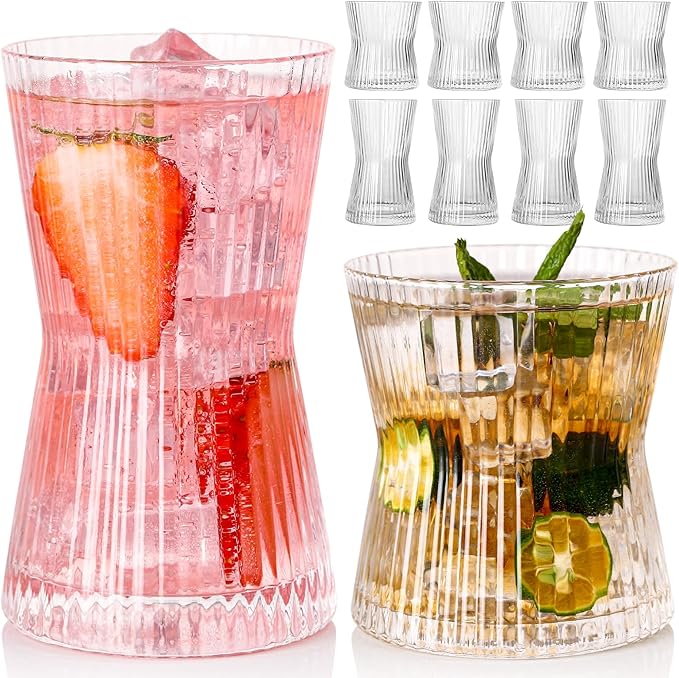 JOVGANK Drinking Glasses Set of 8 – Lead-Free Crystal Glassware, 4 Tall 10oz & 4 Short 8.5oz Vintage Ribbed Tumbler Glasses, Dishwasher Safe, for Juice Beer Cocktails, Great Housewarming Gift, Set B by JOVGANK