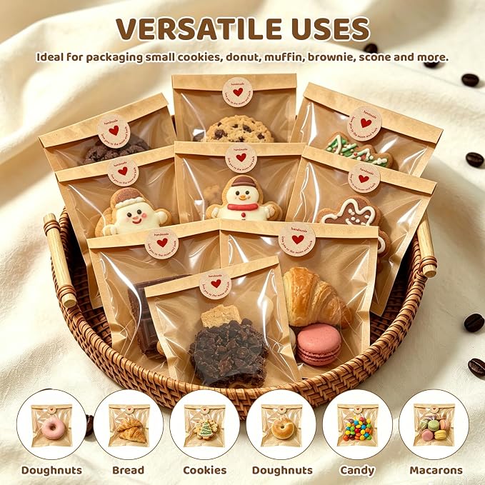 Individual Cookie Packaging Bags with Seal 120 Pack Bakery Bags for Cookies | 5.7x6.5 Inch Kraft Paper Cookie Bags with 120PCS Handmade Sticker Bakery Packaging Bags with Window for Candy Scone Brownie - Image 5