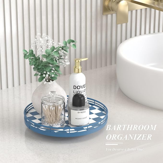 Blue and White Checkerboard Lazy Susan with Rubberwood Base and Metal Rail | Smooth rotating oak tray with walnut finish for dining tables, kitchen counters, pantries and cabinet storage. - Image 3