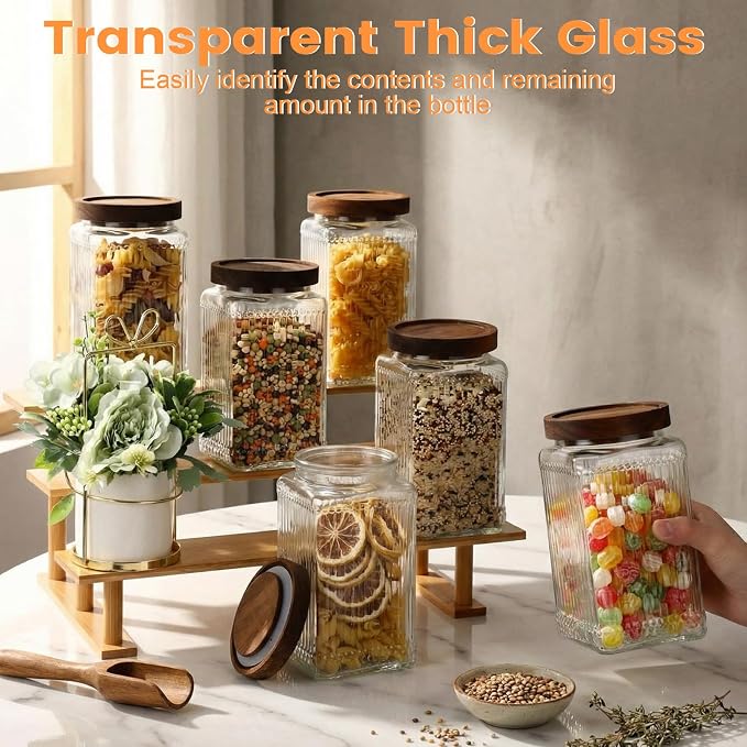 6 Pcs Vintage Glass Storage Jar with Lid 34 oz Glass Containers Stylish Ribbed Pattern Airtight Kitchen Jars Candy Jar for Food Cookies Candy Coffee Tea Beans Grains Storage - Image 5