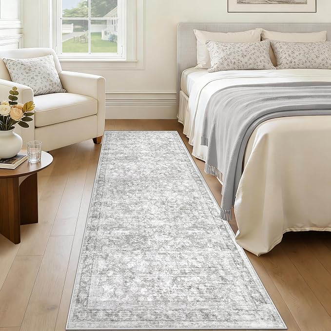 2x8 Hallway Runner Rug: Washable Vintage Floral Entryway Rugs Low Pile Non-Slip Boho Carpet for Kitchen, Bedroom, Bathroom, Dining Room (Grey, 2'x8') - Image 3