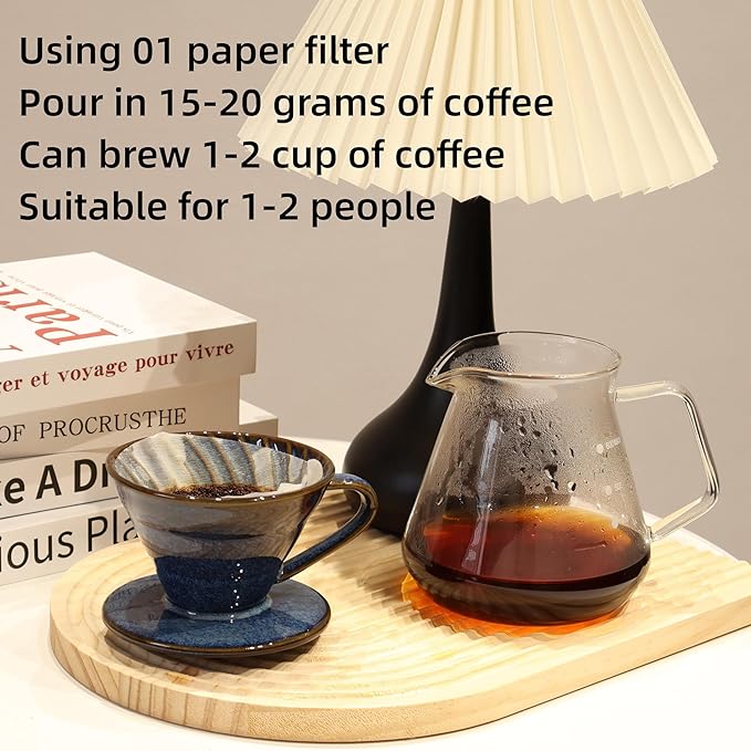 Ceramic Coffee Dripper includes 50 Filters 01 Pour Over Coffee Maker Porcelain V Hand Brewed Set Pottery Artisanal Drip Brew Barista Gift for 1-2 People Travel Camping Office Home