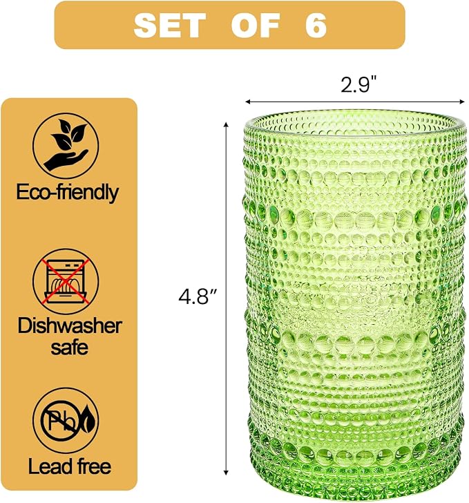 ZOOFOX Set of 6 Vintage Drinking Glasses, 12 Oz Colored Hobnail Glasses Tumbler, Embossed Design Glass Tumblers Set for Water, Beverages, Juice, Beer, Cocktail, Whiskey, Milk - Image 2