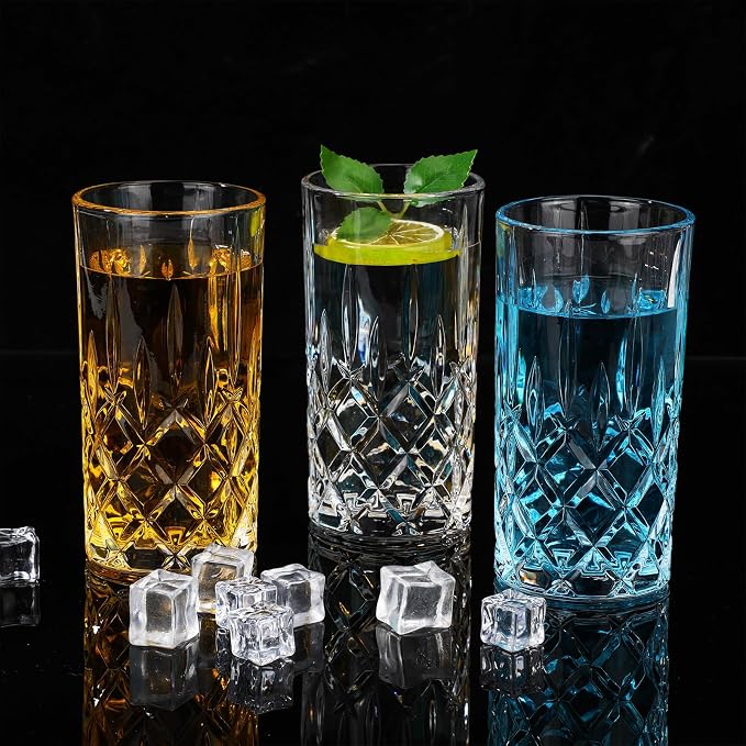 Uiifan Set of 12 Tall Highball Glasses 12 oz Crystal Drinking Glasses Clear Fancy Cups Vintage Textured Designer Glassware for Cocktail Tea Water Beer Soda Beverages, Dishwasher Safe (Classic Style) - Image 5